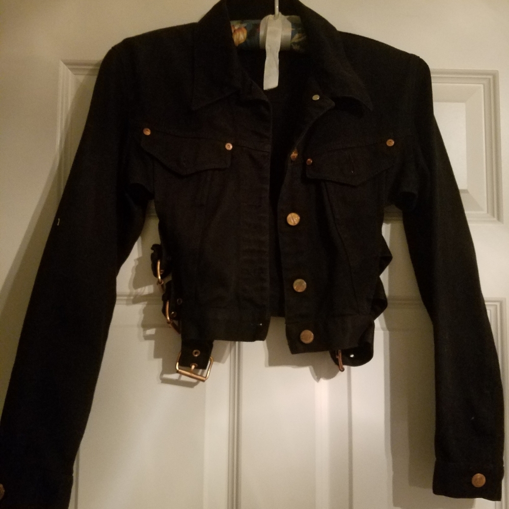 Cropped black denim jacket w/ buckle detail